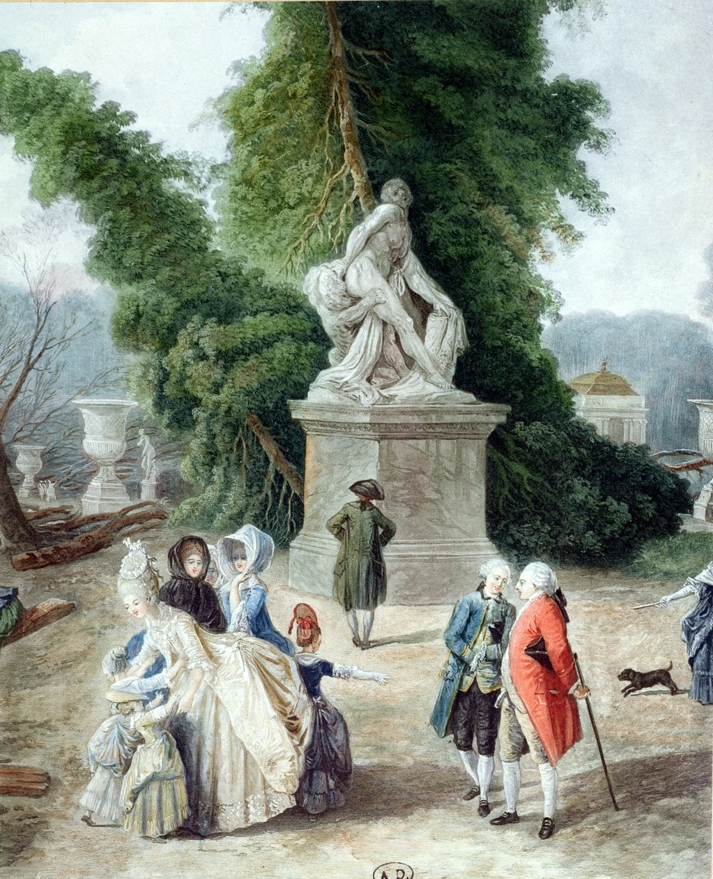 Louis XVI (1754-1793) og Marie-Antoinette (1755-1793) ved inngangen til Tapis Vert i hagene i Versailles, 1775 (fargegravering) (detalj) av Hubert Robert
