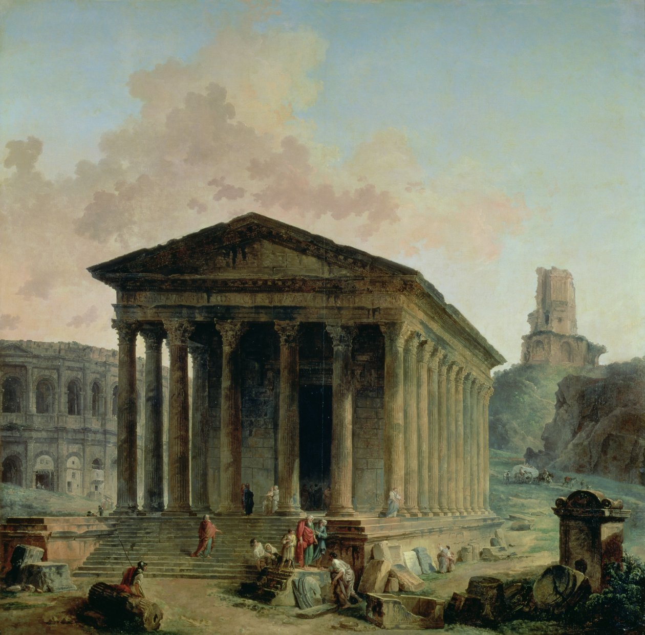 Maison Carree med amfiteateret og Tour Magne i Nimes, 1786-87 av Hubert Robert