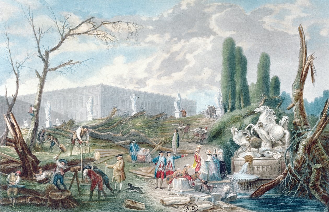 Trefelling i Versailles-hagen rundt Apollo-badet av Hubert Robert