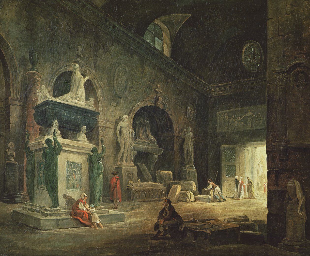 Utsikt over et galleri i Musee des Monuments Francais av Hubert Robert