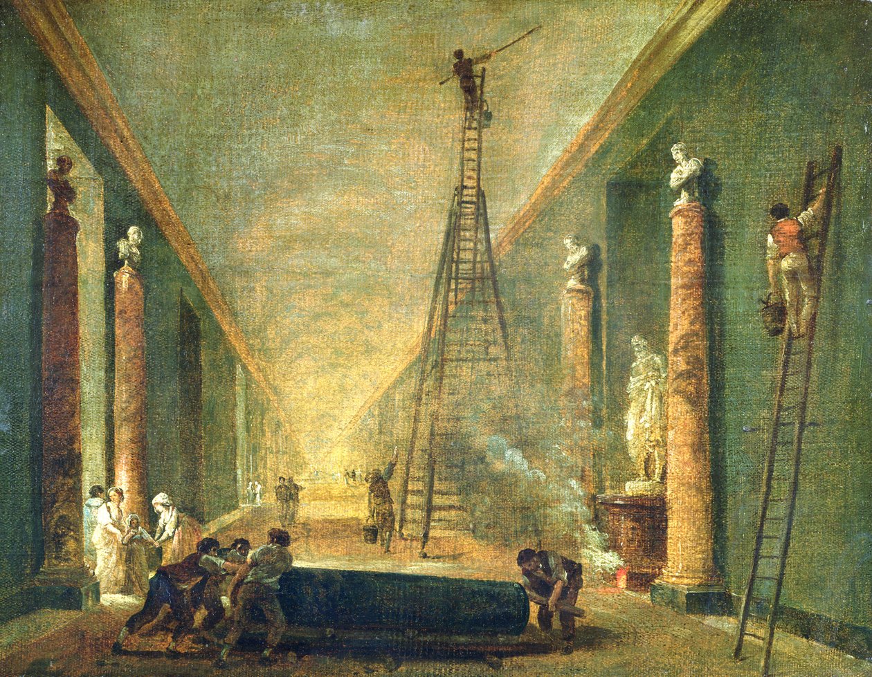Utsikt over det store galleriet i Louvre under restaurering, 1798-99 av Hubert Robert