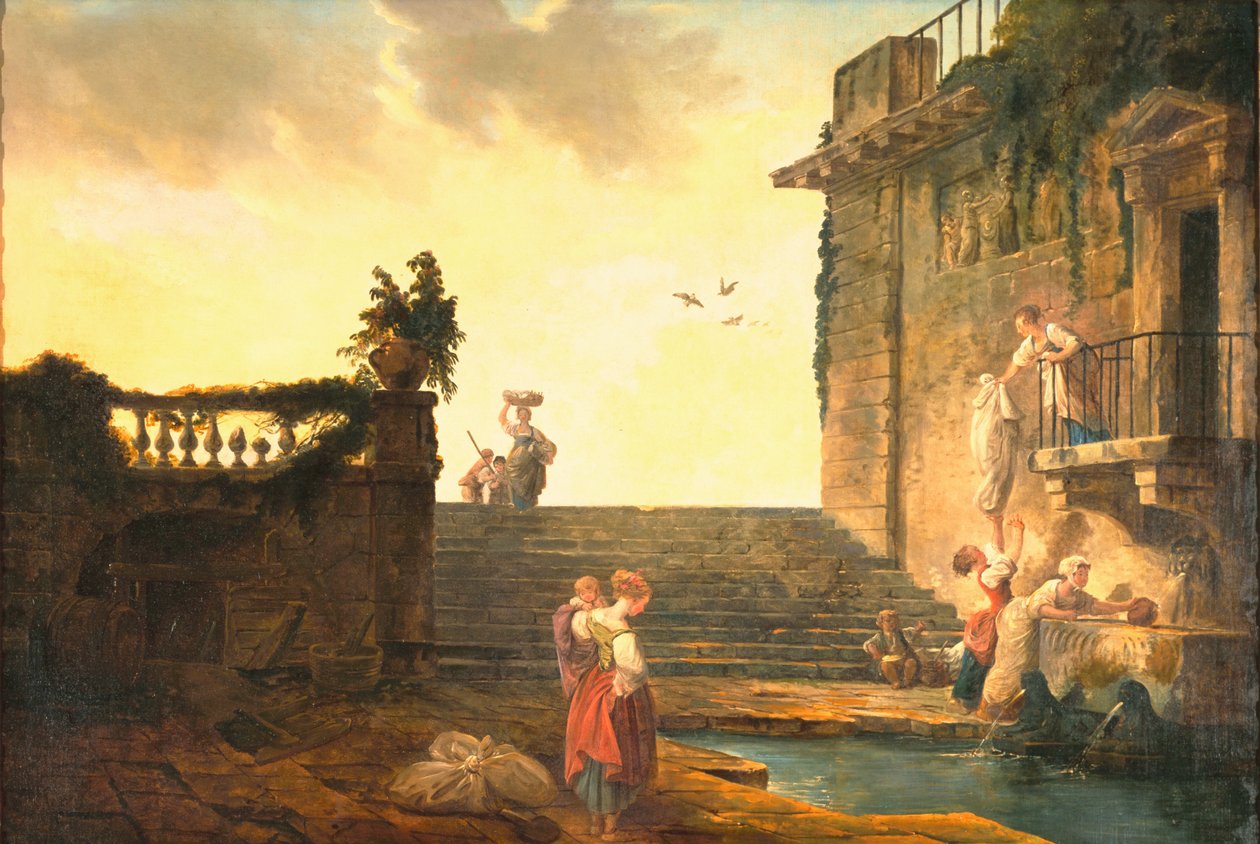 Vaskedamer ved fontenen, ca. 1770-75 av Hubert Robert