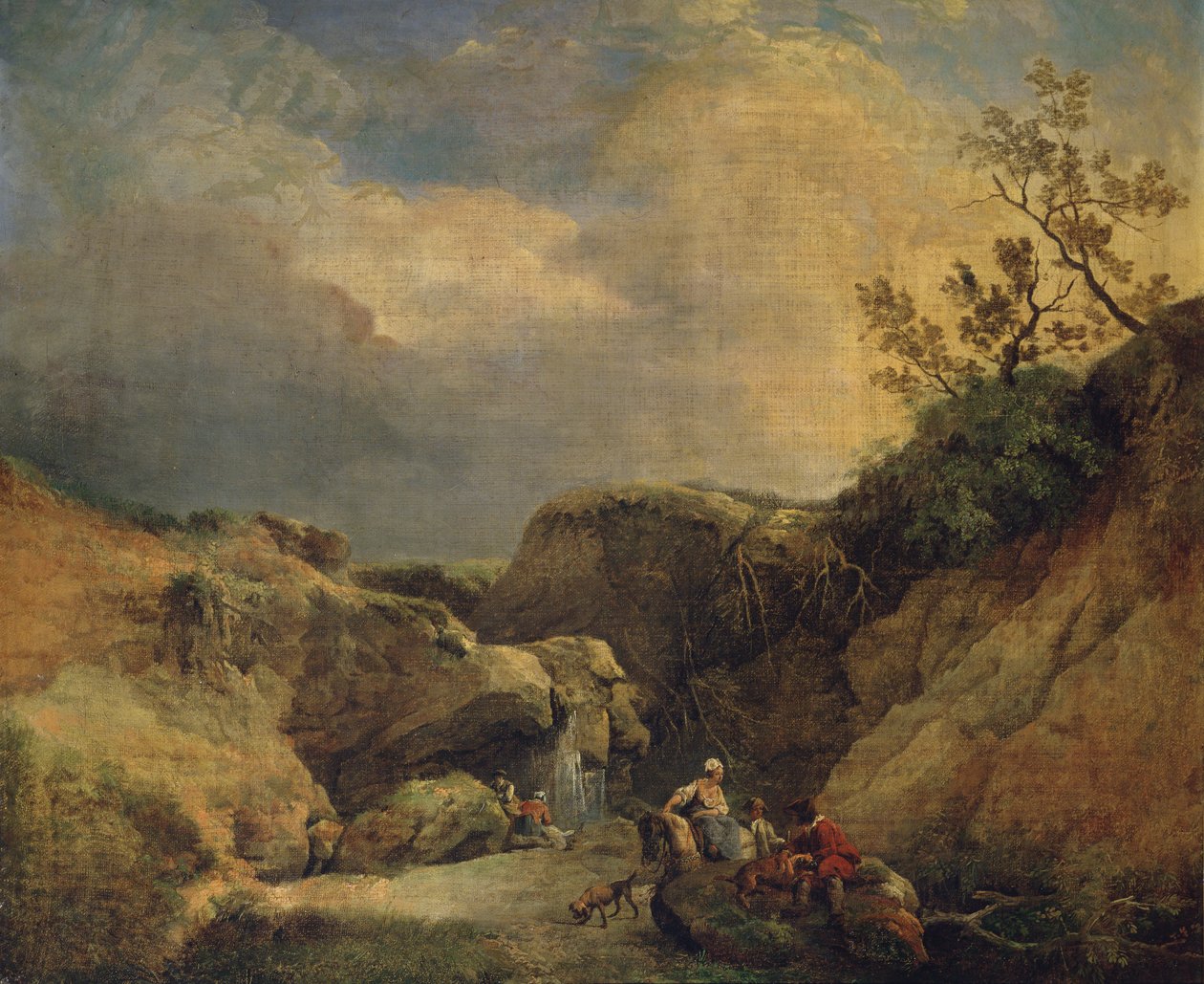 Et steinete skogslandskap med reisende som snakker ved en foss (olje på lerret) av Hubert (circle of) Robert