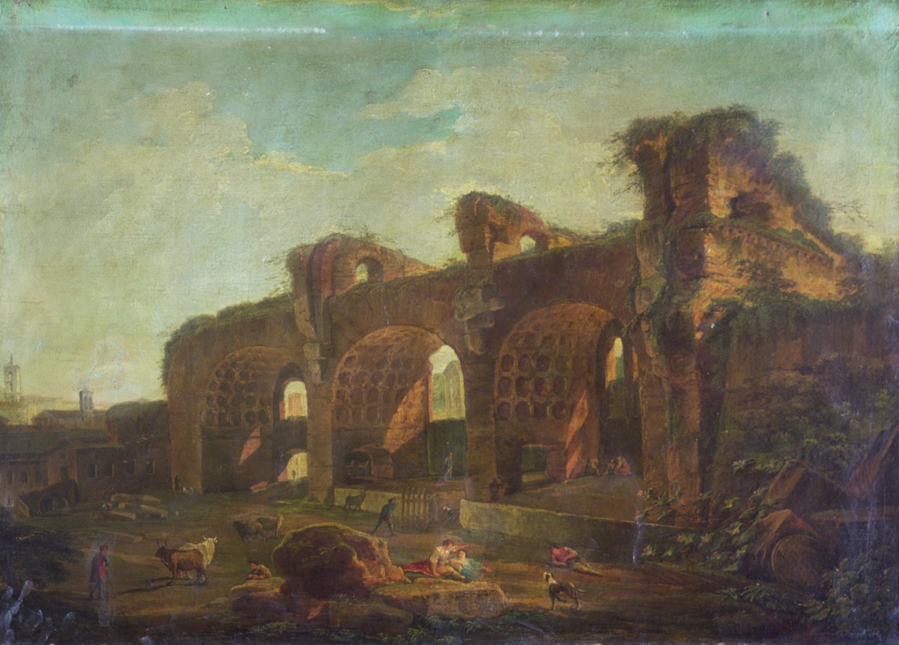 Maxentius-basilikaen i Forum Romanum med bønder og storfe i forgrunnen (olje på lerret) av Hubert (circle of) Robert