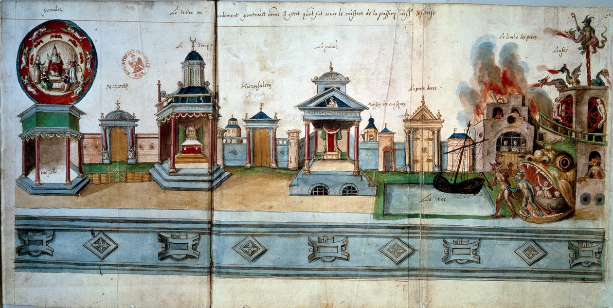 Frontispice som illustrerer Jesu Kristi lidenskap og oppstandelse. Fra venstre til høyre: Paradise (med et tomt rom), Nasaret-porten, templet, Jerusalem-porten, palasset (med gåtenes hus), Doree-porten, fedrenes limbo og av Hubert Cailleau