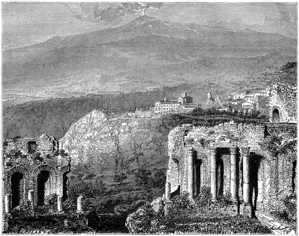 Etna og utsikt over Taormina, Sicilia, Italia, 1800-tallet av Hubert Clerget