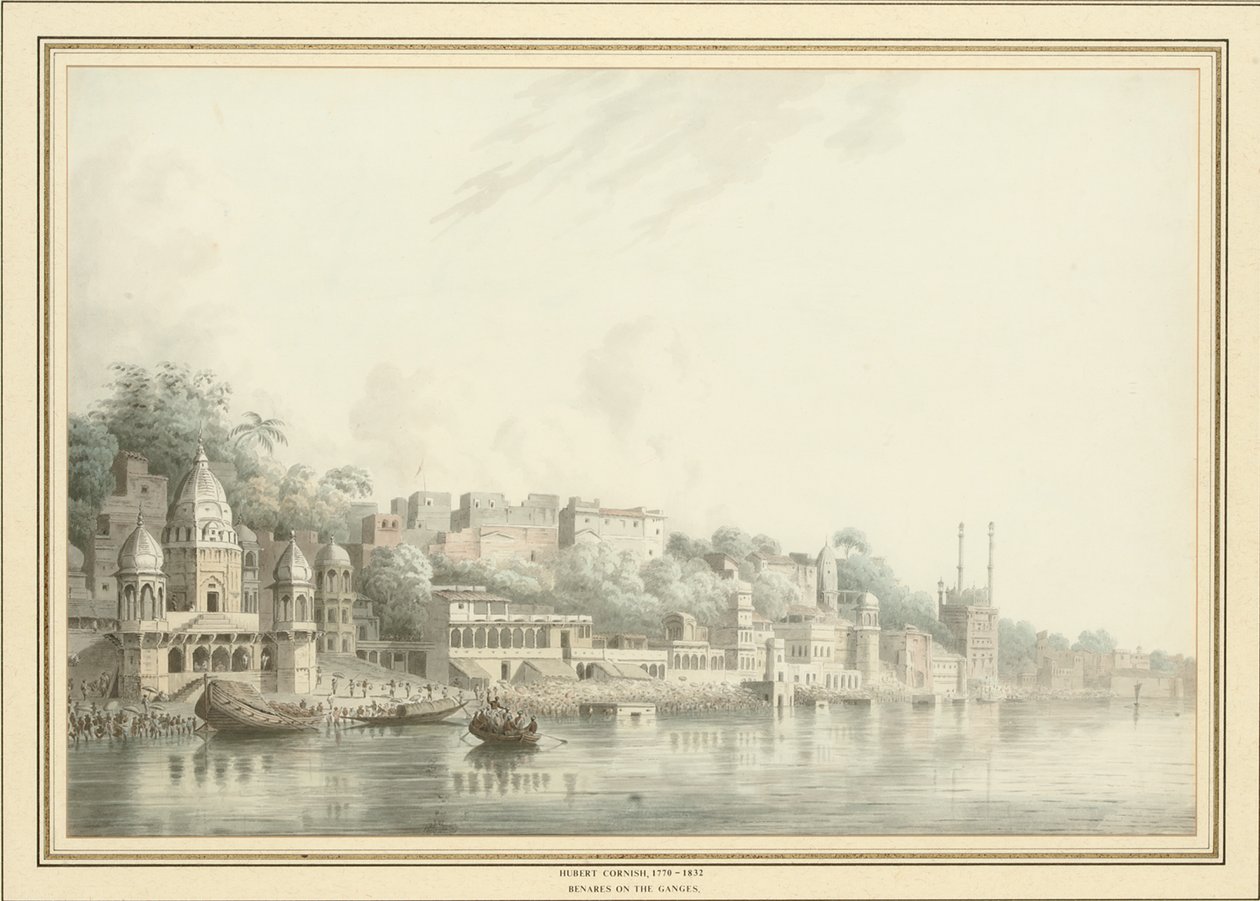 Benares ved elven Ganges (blyant, penn og blekk og w/c på papir) av Hubert Cornish