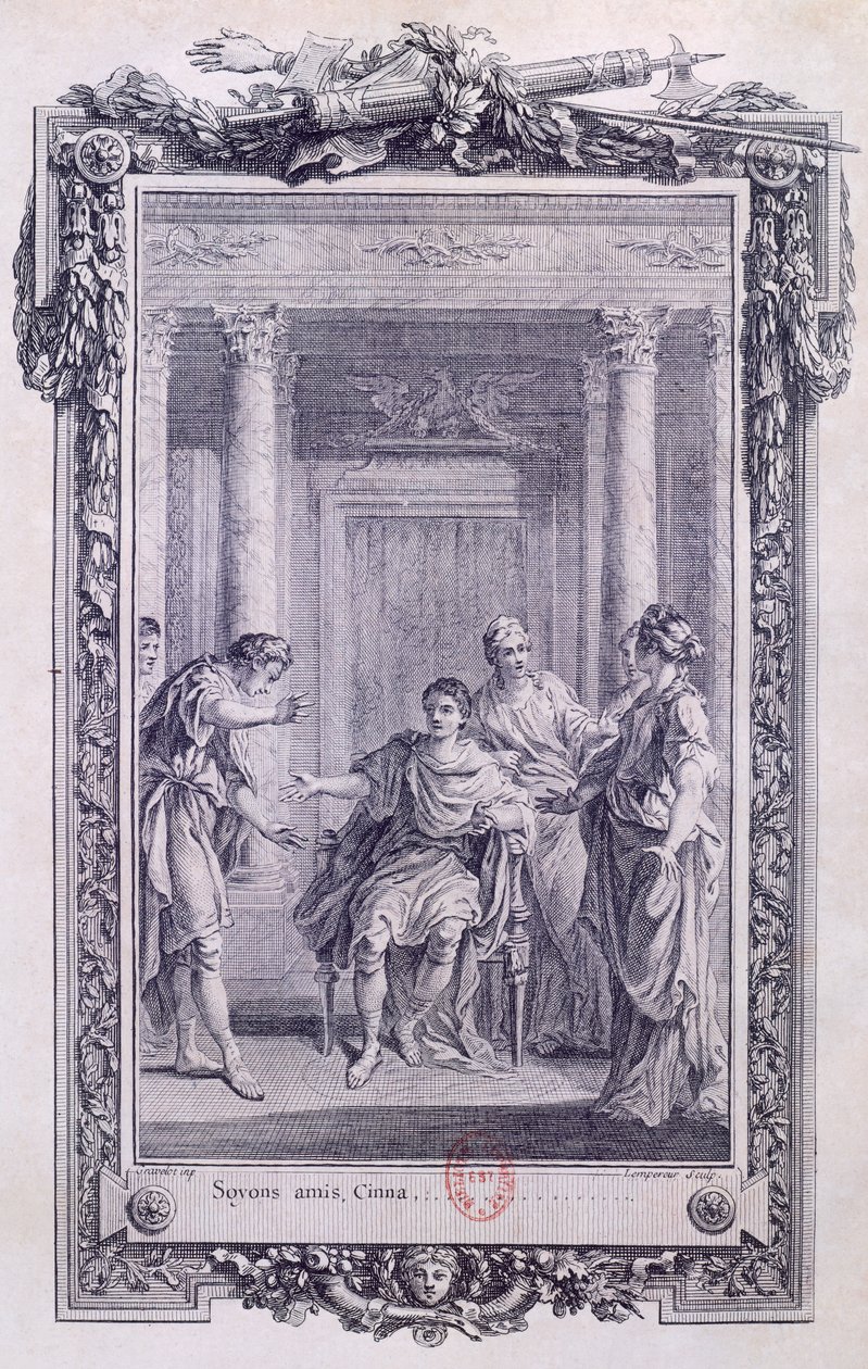 Cinna or The Clemency of Augustus, tragedie av Pierre Corneille (1606-1684), gravering av Gravelot (1699-1773) av Hubert Francois Gravelot