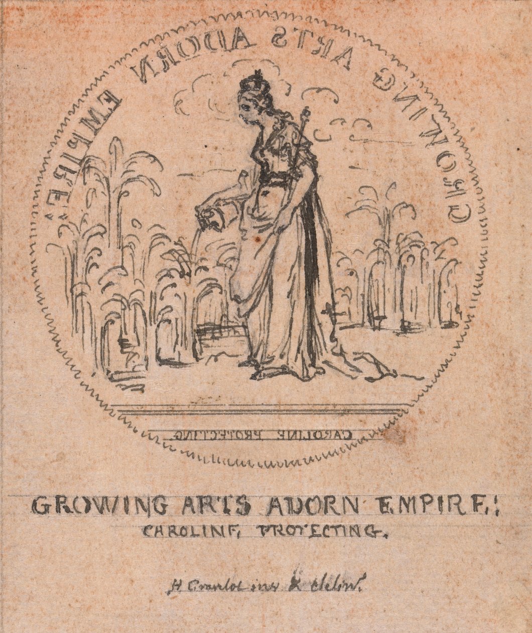 Design for a Medal: Growing Arts Adorn Empire, Caroline Protecting av Hubert Francois Gravelot