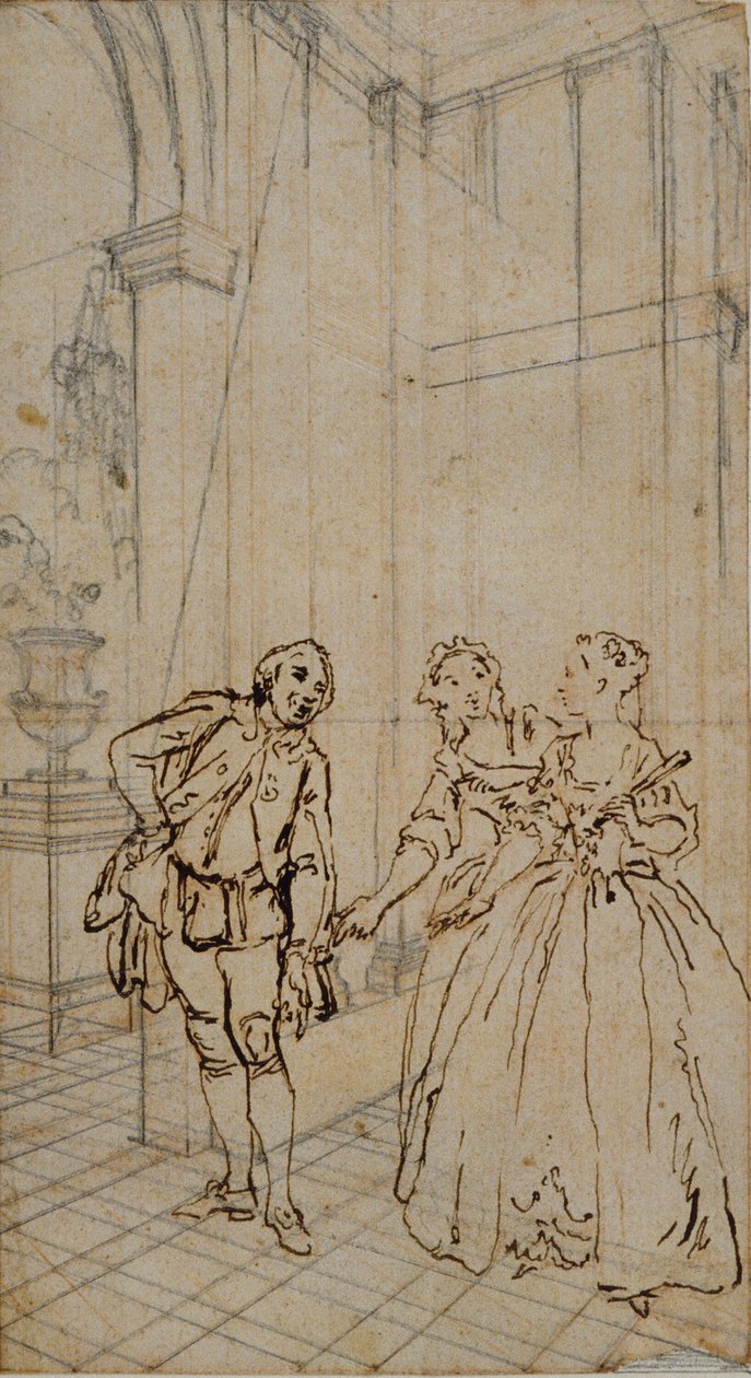 Litterær illustrasjon med gentleman og to damer i interiøret av Hubert Francois Gravelot