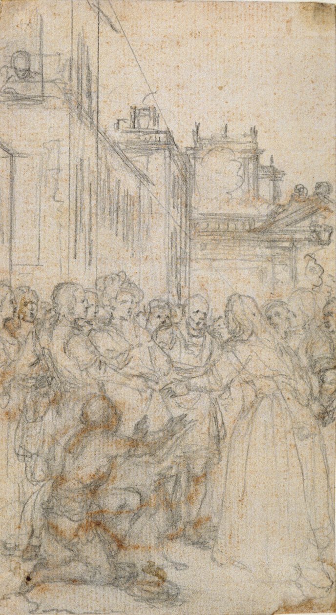 Litterær illustrasjon med en gruppe figurer som bønnfaller mennesket av Hubert Francois Gravelot