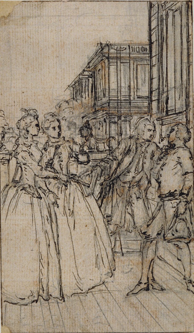 Litterær illustrasjon med to damer og to herrer i en gate av Hubert Francois Gravelot