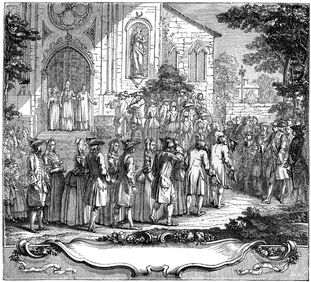 Ekteskap av ti fattige jenter, 1761, 1885. av Hubert Francois Gravelot