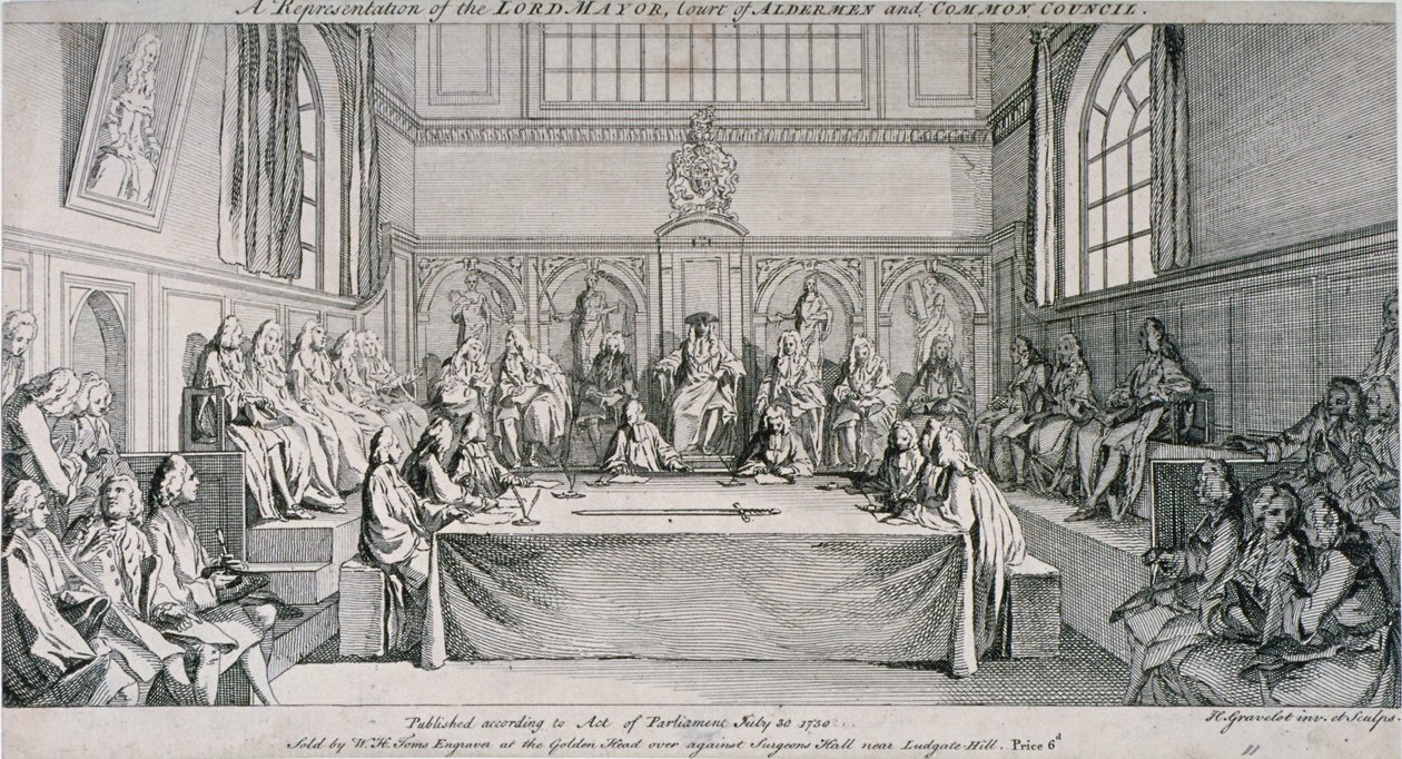 Møte i Guildhall Council Chamber, City of London, 1750. av Hubert Francois Gravelot