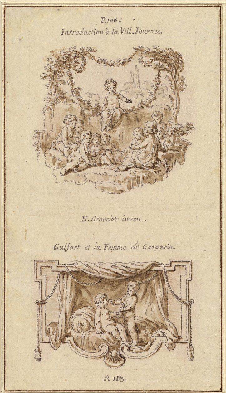Nine Children Listening to a Girl Tell a Story; A Boy Handing a Purse to a Girl Seated on a Bed   1225526   no       norwegian Successfully Translated  Original: Kerkgangers buiten een kerk Translat: Kerkgangers buiten een kerk 1385732 no norwegian Success av Hubert Francois Gravelot