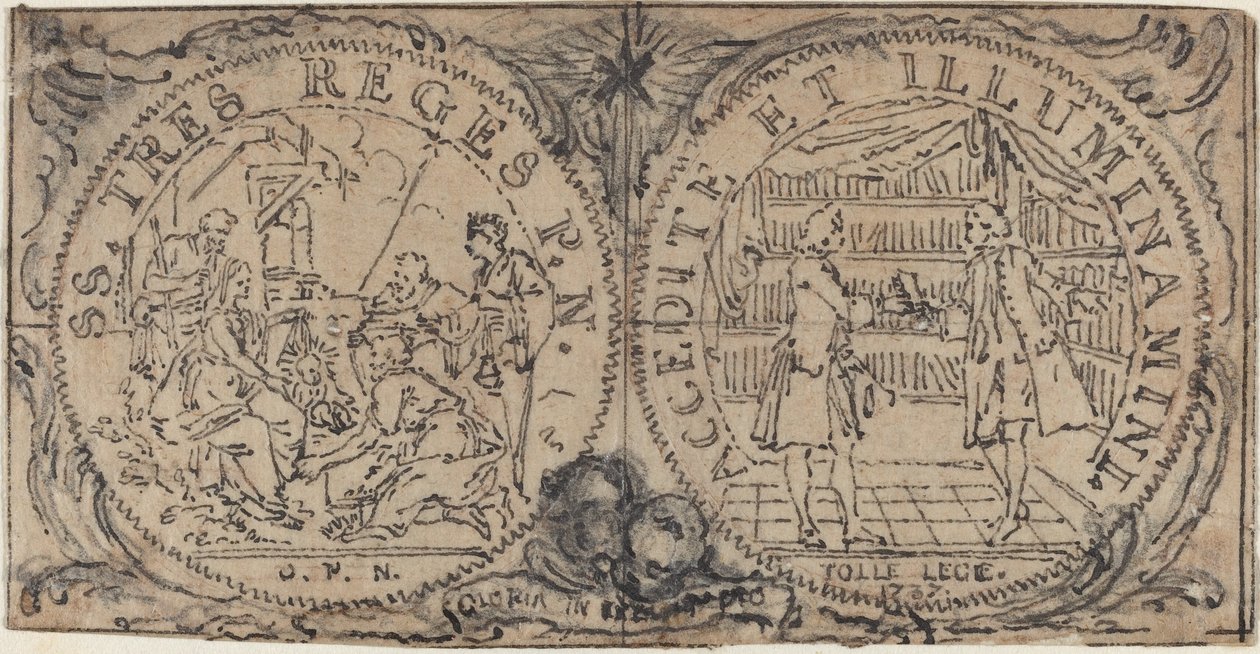 Prydmedaljonger med tilbedelsen av magiene og to bibliofile av Hubert Francois Gravelot