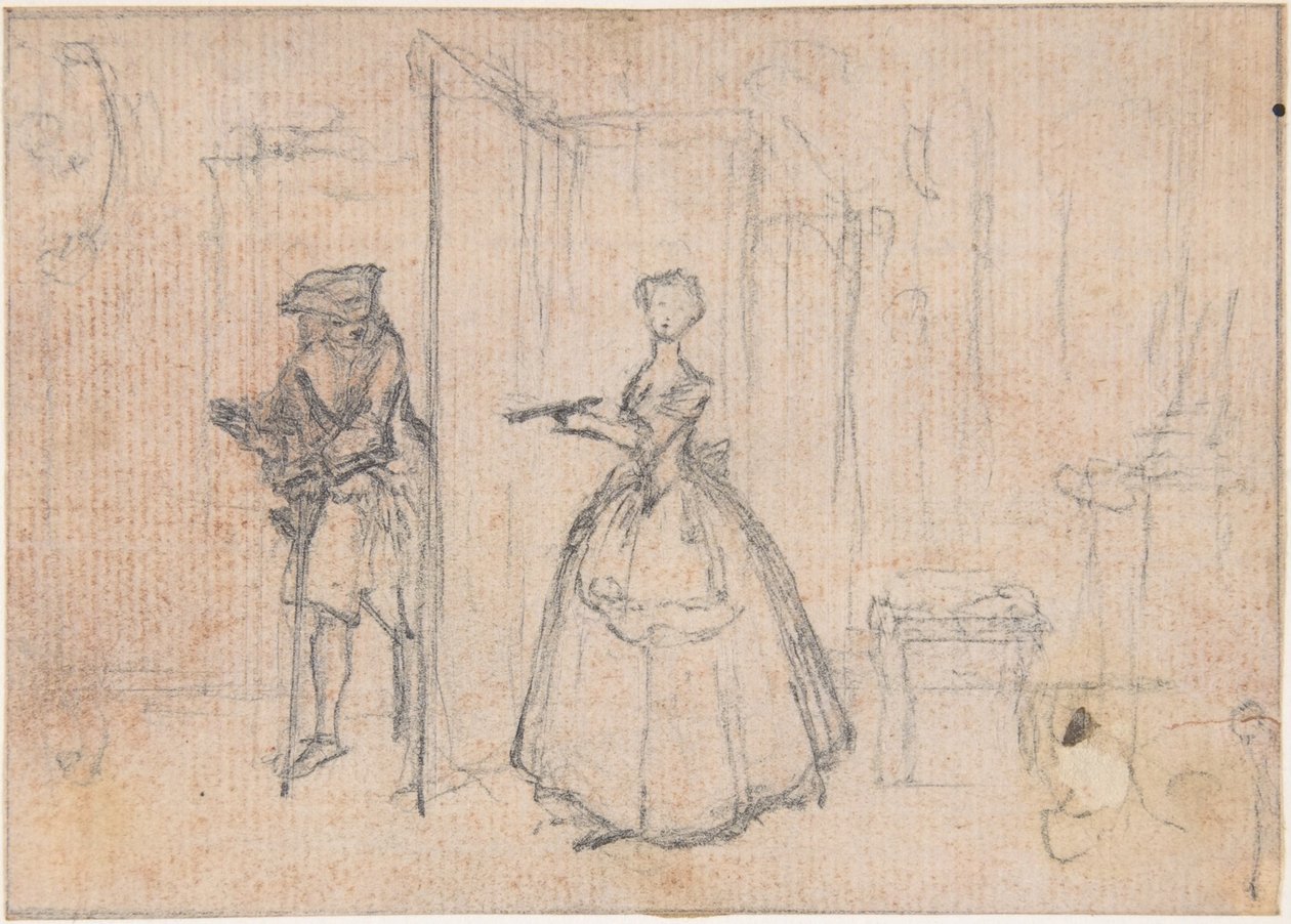Studie til «Å bedra onkelen hennes», etset vignett i «Sanger i operaen Flora» av Hubert Francois Gravelot