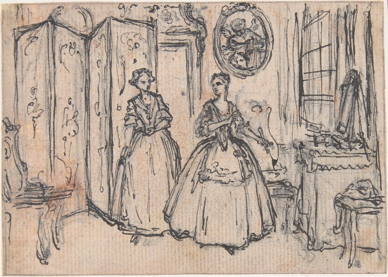 Studie til «Om vokterens makt», etset vignett i «Sanger i operaen Flora» av Hubert Francois Gravelot