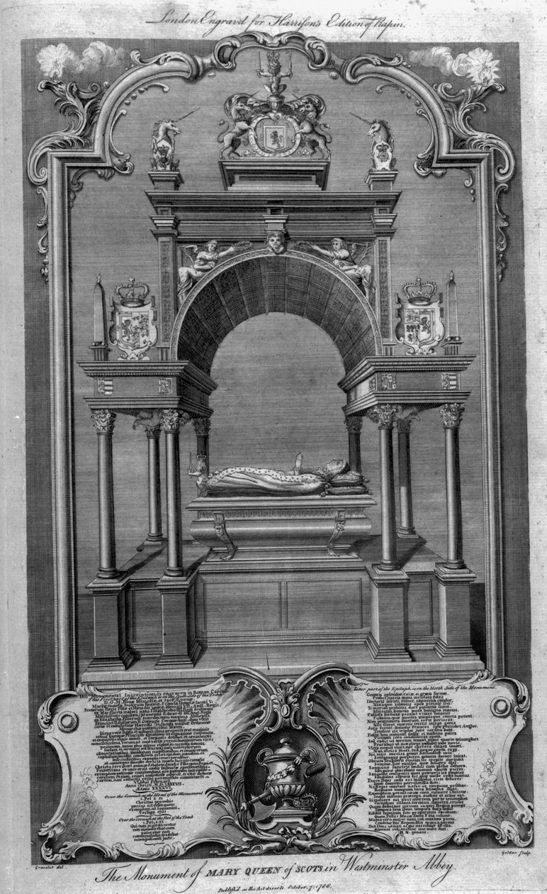 Monumentet til Mary Queen of Scots i Westminster Abbey, illustrasjon fra Rapins 