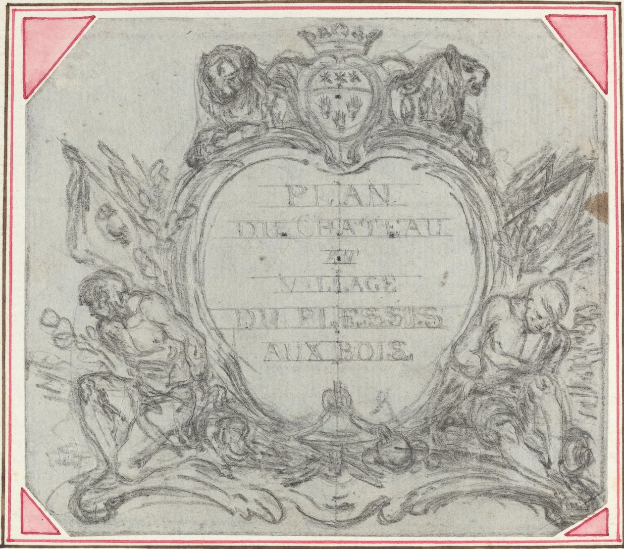Tittel Cartouche for et kart over Chateau og landsbyen Le Plessis aux Bois av Hubert Francois Gravelot