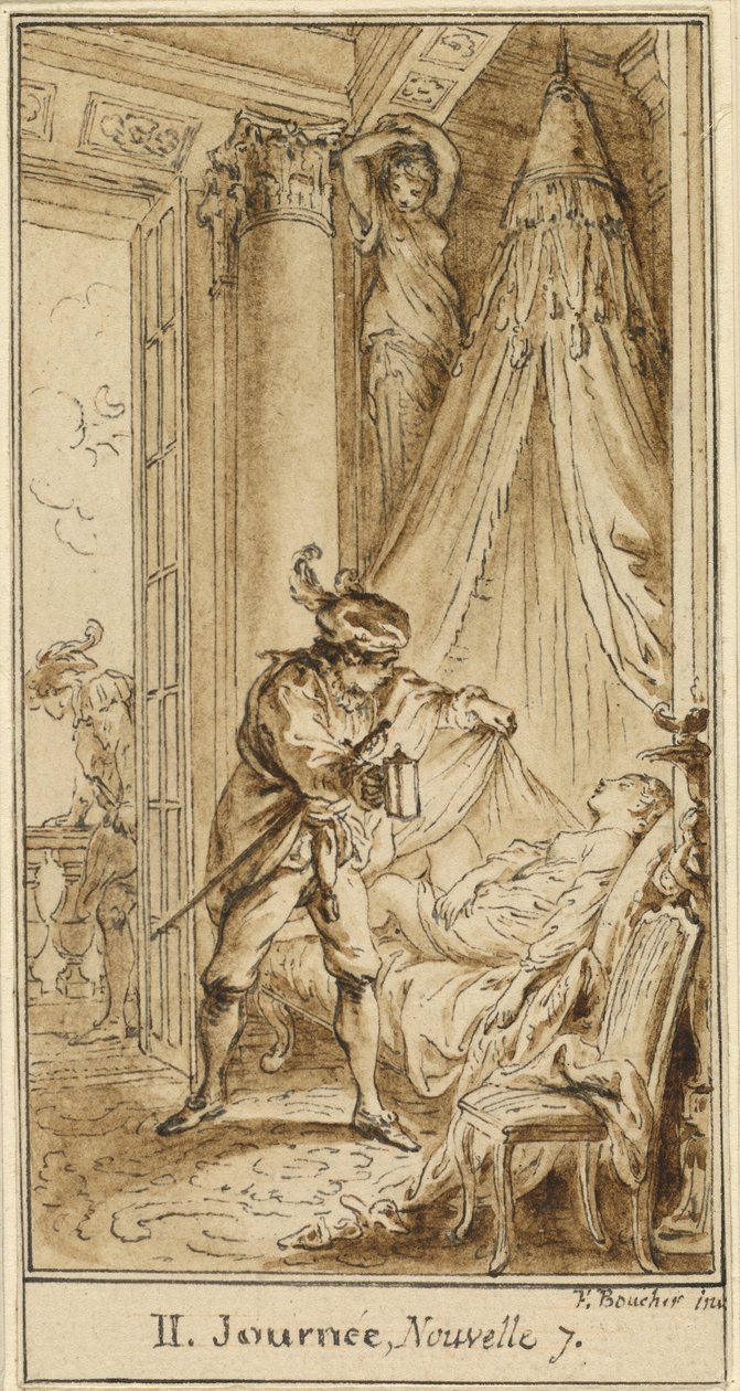 Andre dag, syvende historie: Hertugen av Athen vurderer den sovende prinsesse Alatiel av Hubert François Gravelot after François Boucher