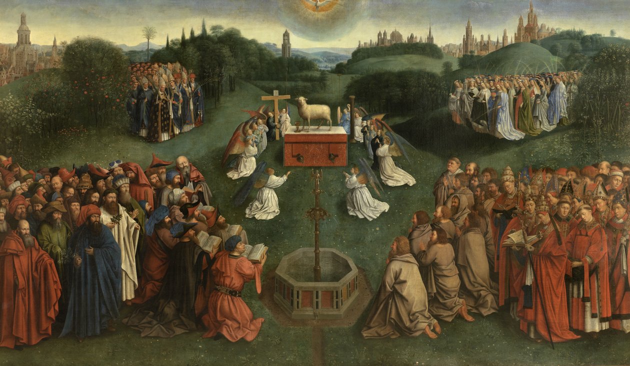 Kopi av The Adoration of the Mystic Lamb, fra Gent-altertavlen, nedre halvdel av sentralpanelet (olje på panel) av Hubert & Jan van (1390 1441) (after) Eyck
