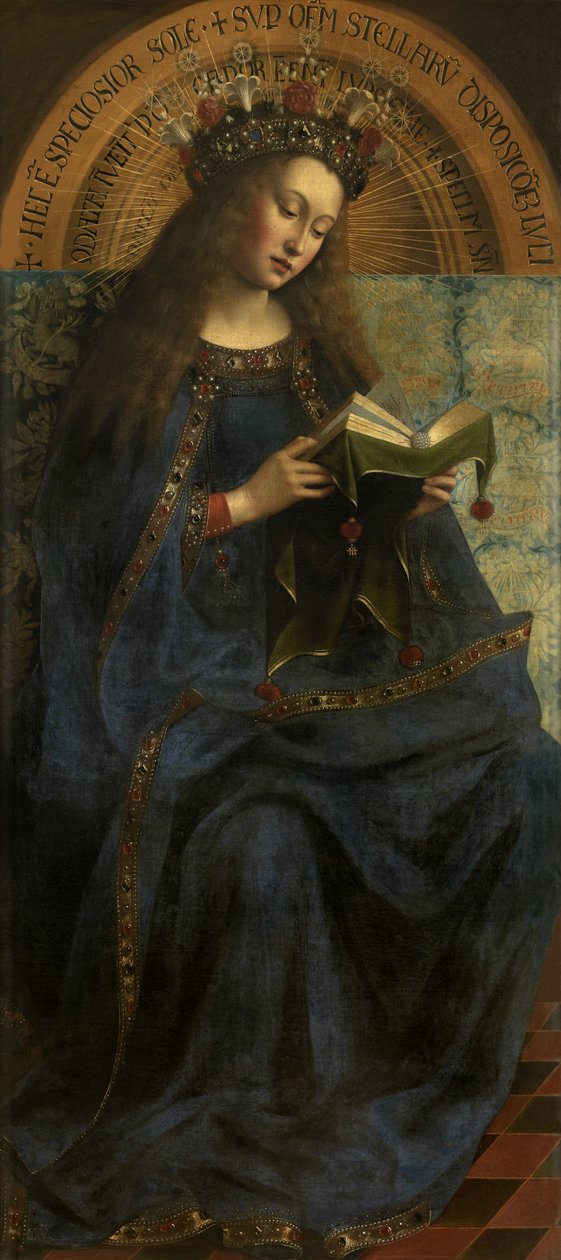 Jomfru Maria, fra en kopi av Ghent-altertavlen (åpent, sentralt panel) etter 1432 (olje på panel) av Hubert & Jan van (1390 1441) (after) Eyck