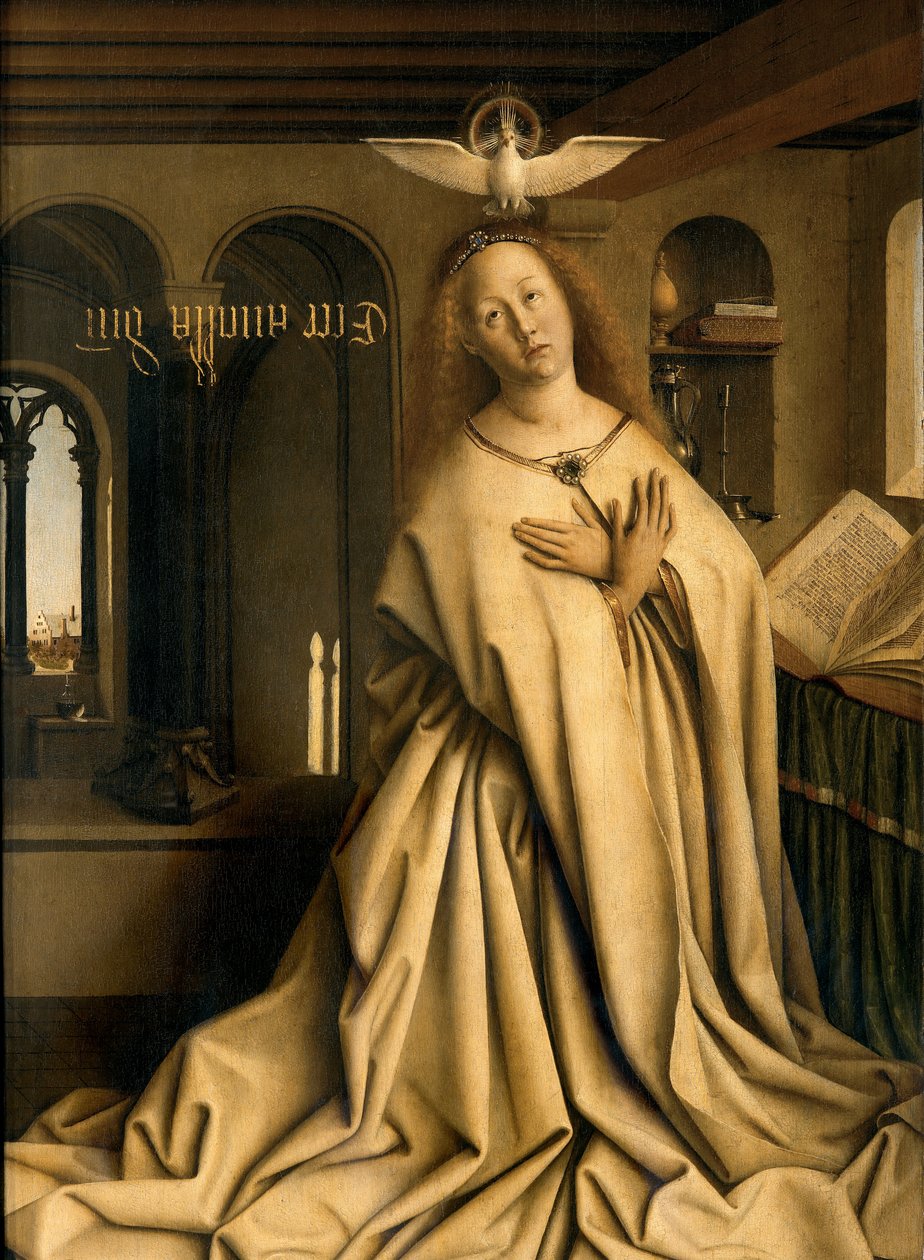 Detalj av Virgin Annunciate, fra utsiden av høyre panel på Ghent-altertavlen av Hubert & Jan van (1390 1441) Eyck