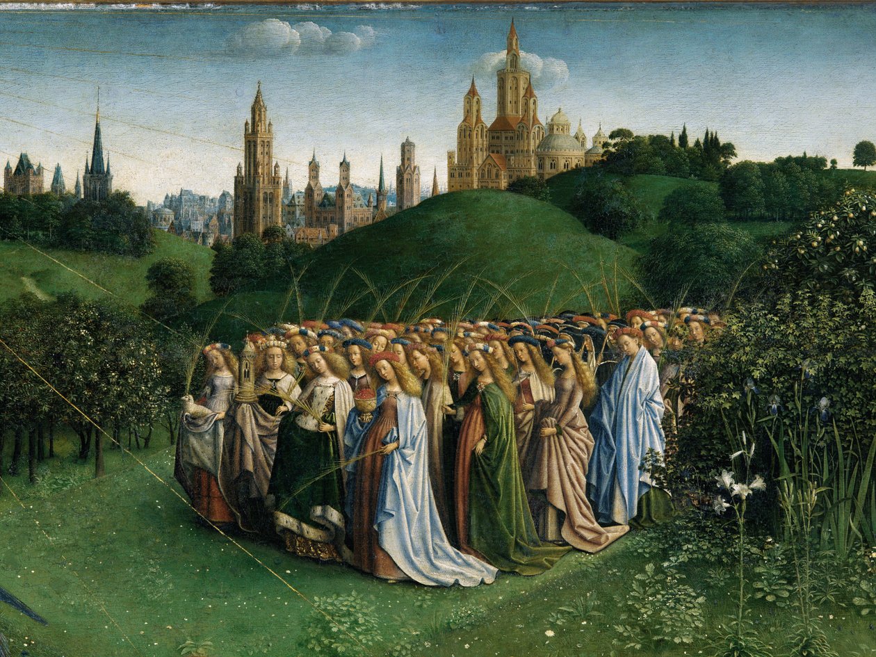 Tilbedelsen av det mystiske lam, fra Ghent-altertavlen, detalj på nedre halvdel av sentralpanelet av Hubert & Jan van (1390 1441) Eyck
