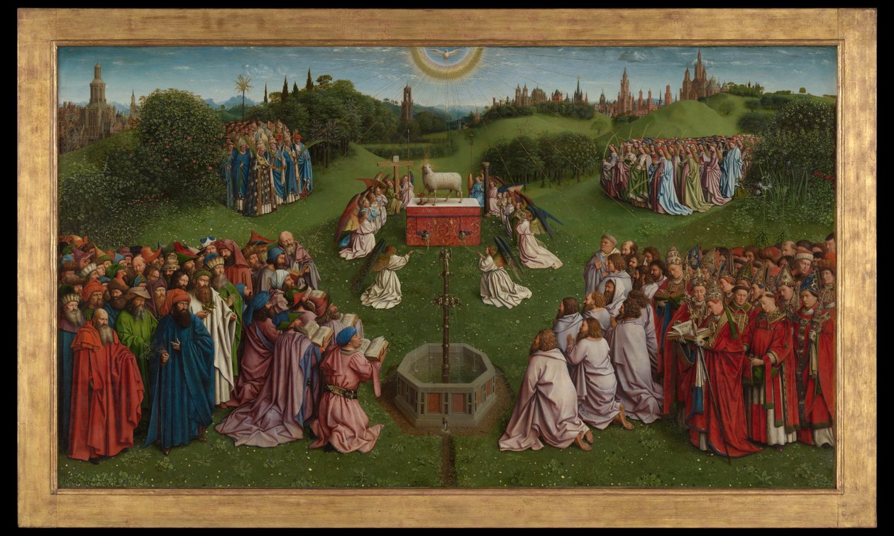 Tilbedelsen av det mystiske lam, fra Ghent-altertavlen, nedre halvdel av sentralpanelet av Hubert & Jan van (1390 1441) Eyck