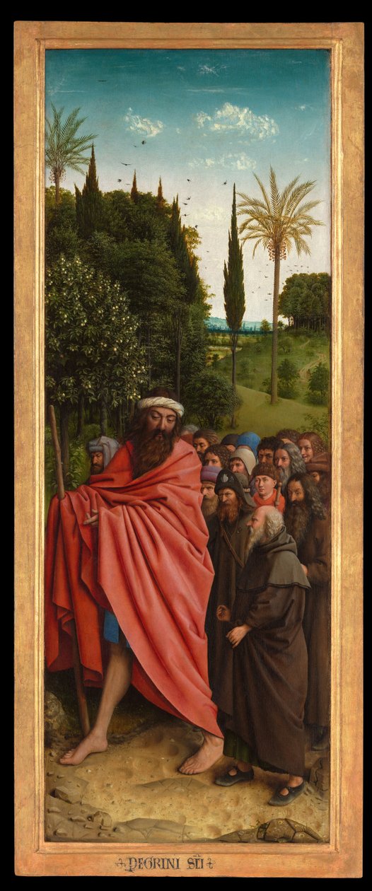Pilegrimene guidet av St. Christopher, fra høyre side av Ghent-altertavlen av Hubert & Jan van (1390 1441) Eyck