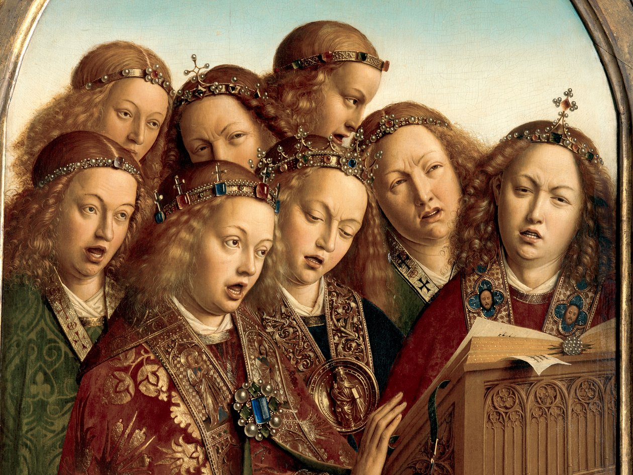 Detalj av syngende engler, fra venstre fløy av Ghent-altertavlen av Hubert & Jan van (1390 1441) Eyck