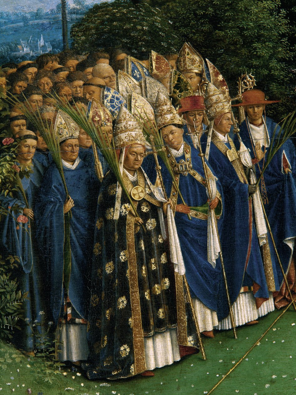 Detalj av tilbedelsen av det mystiske lam, fra Ghent-altertavlen, nedre halvdel av sentralpanelet av Hubert & Jan van (1390 1441) Eyck