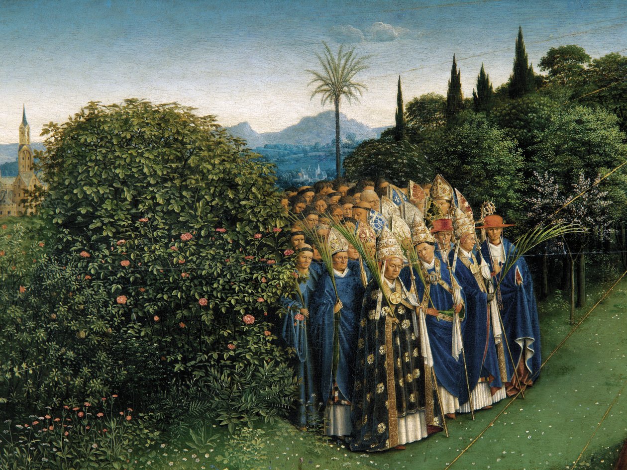 Detalj av tilbedelsen av det mystiske lam, fra midtpanelet til Ghent-altertavlen (olje på panel) av Hubert & Jan van (1390 1441) Eyck