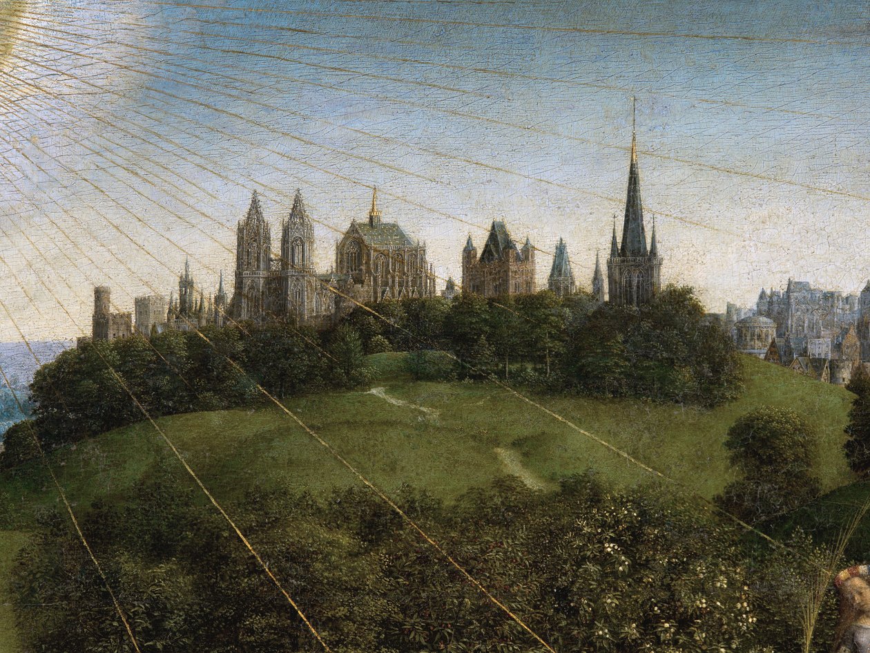 Detalj av tilbedelsen av det mystiske lam, fra midtpanelet til Ghent-altertavlen (olje på panel) av Hubert & Jan van (1390 1441) Eyck
