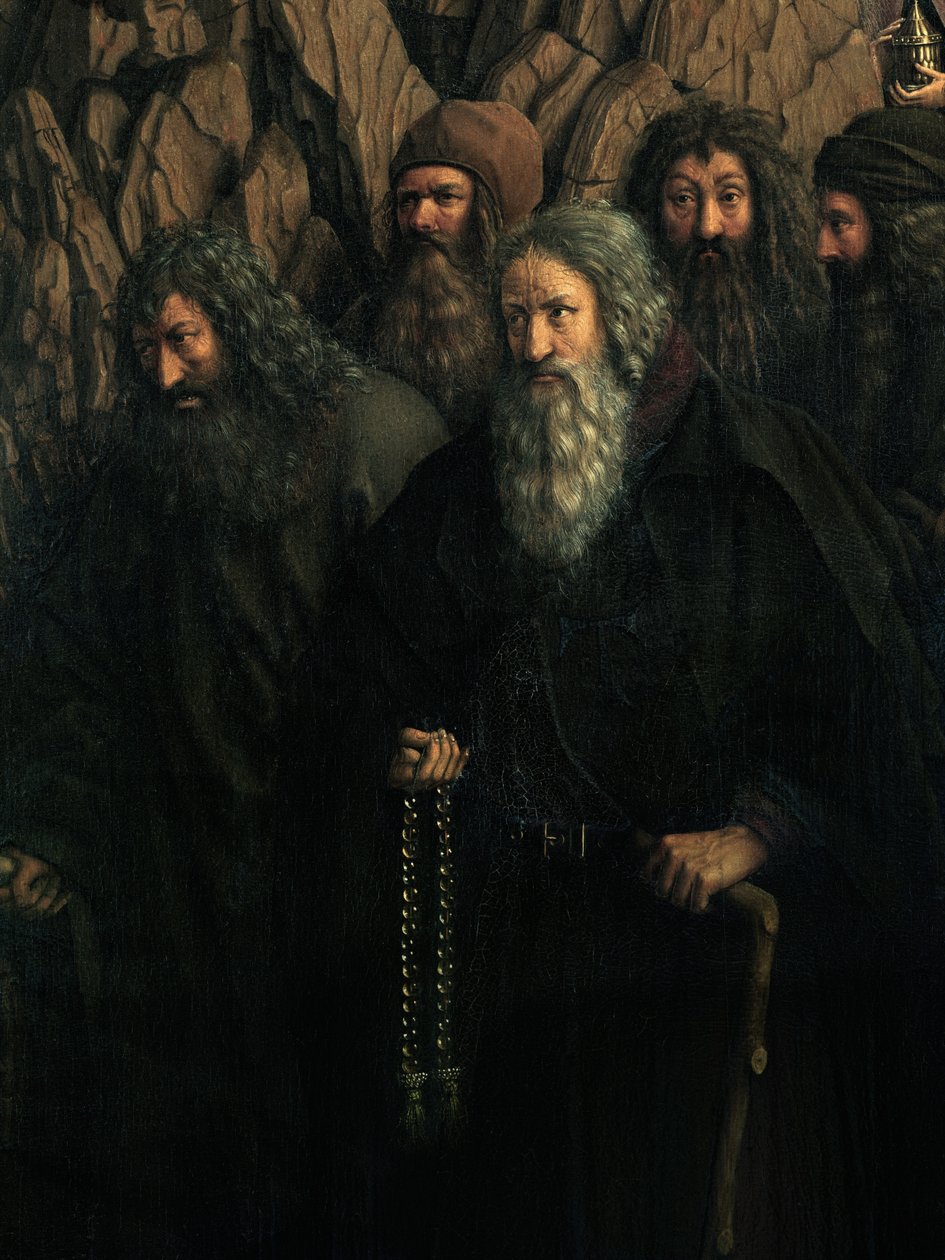 Detalj av eremittene, fra høyre side av Ghent-altertavlen av Hubert & Jan van (1390-1441) Eyck