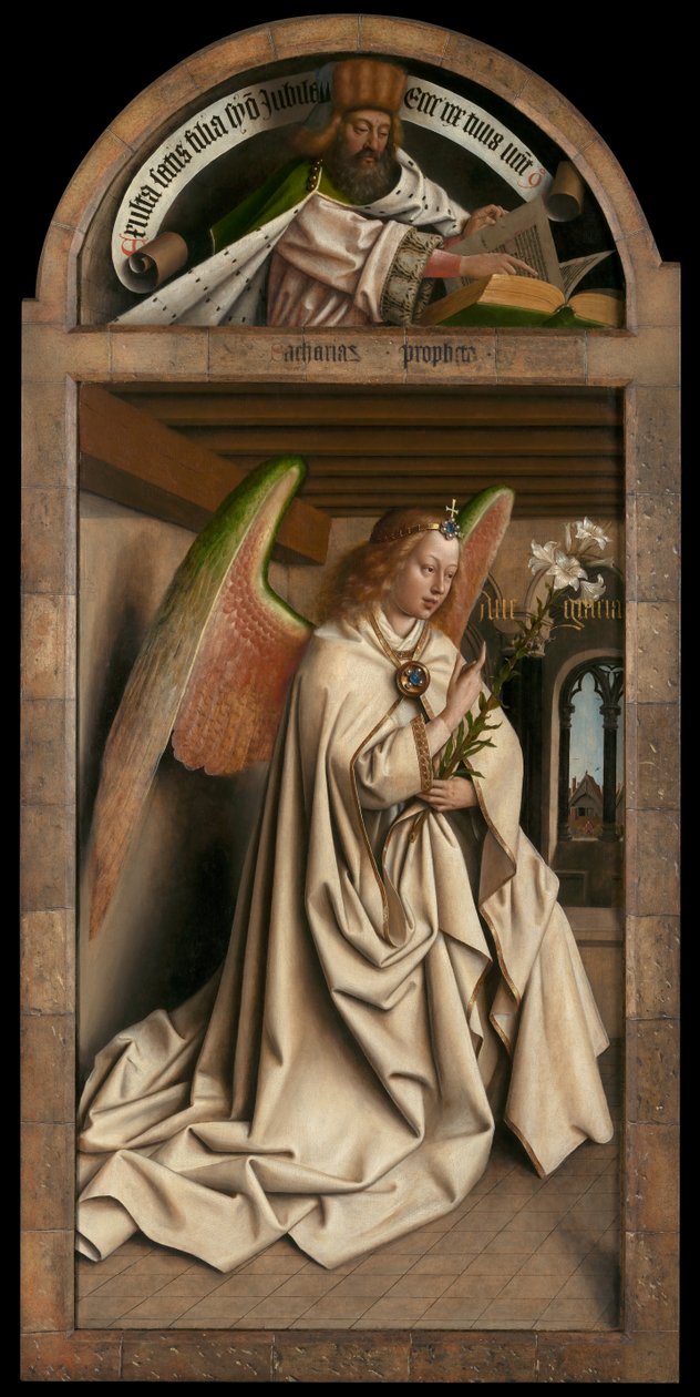 Lunette: profeten Sakarja. Nedre panel: Angel Annunciate, fra utsiden av venstre fløy på Ghent-altertavlen av Hubert & Jan van (1390 1441) Eyck