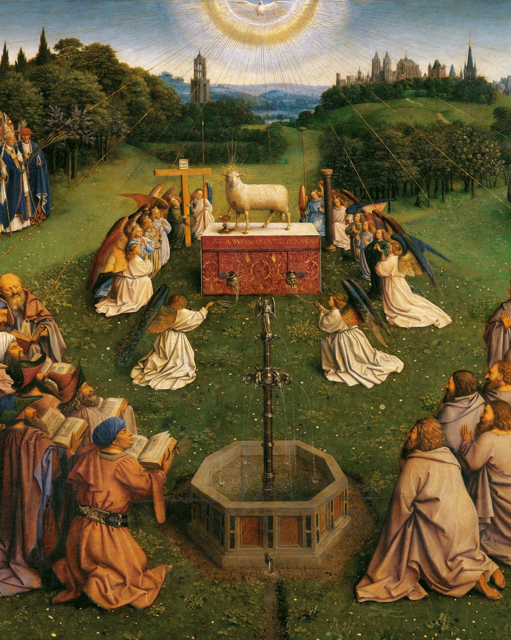 Tilbedelsen av det mystiske lam, fra Ghent-altertavlen, detalj av nedre halvdel av sentralpanelet av Hubert & Jan van (1390 1441) Eyck