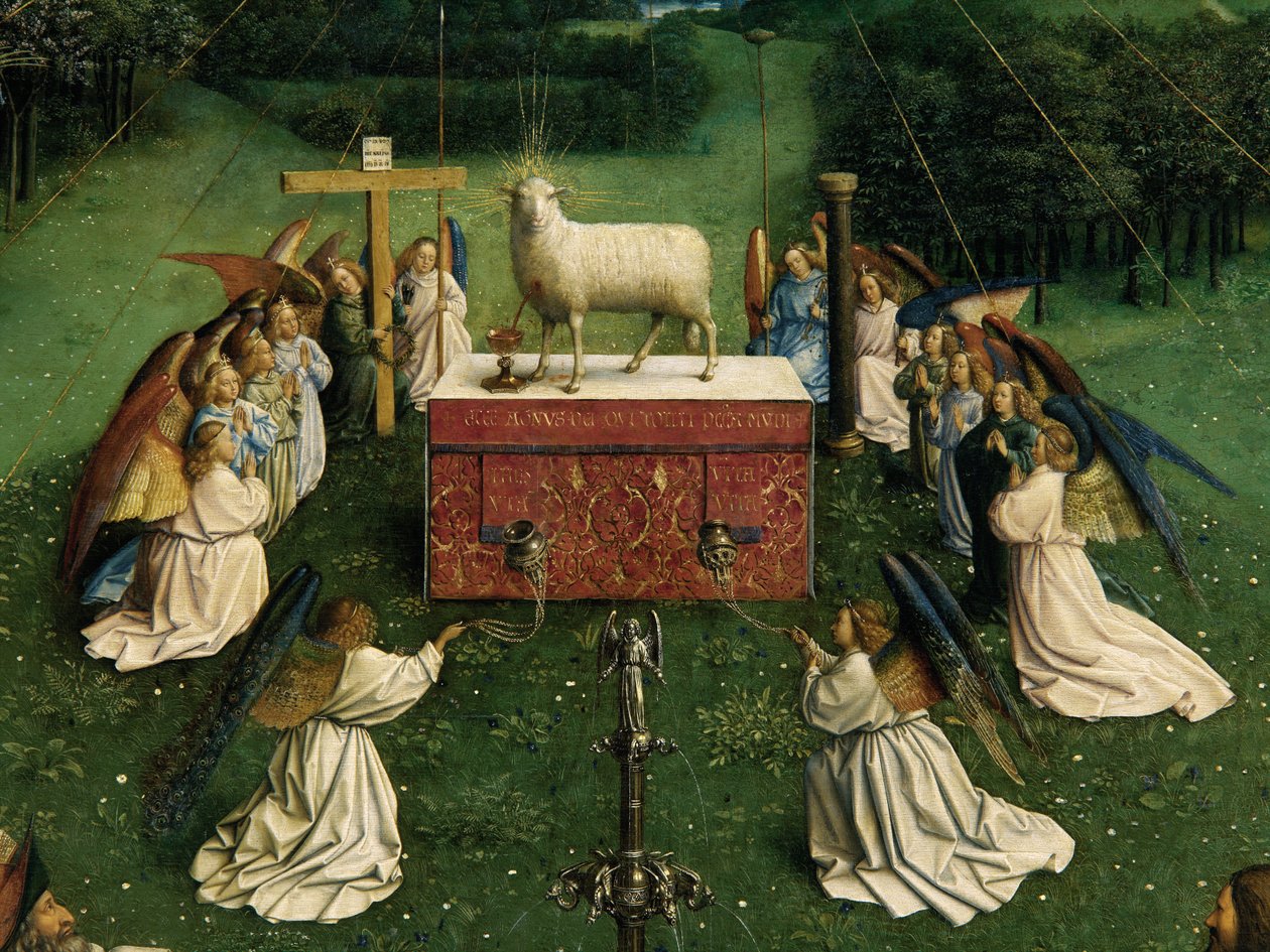 Tilbedelsen av det mystiske lam, fra Ghent-altertavlen, detalj av nedre halvdel av sentralpanelet av Hubert & Jan van (1390 1441) Eyck
