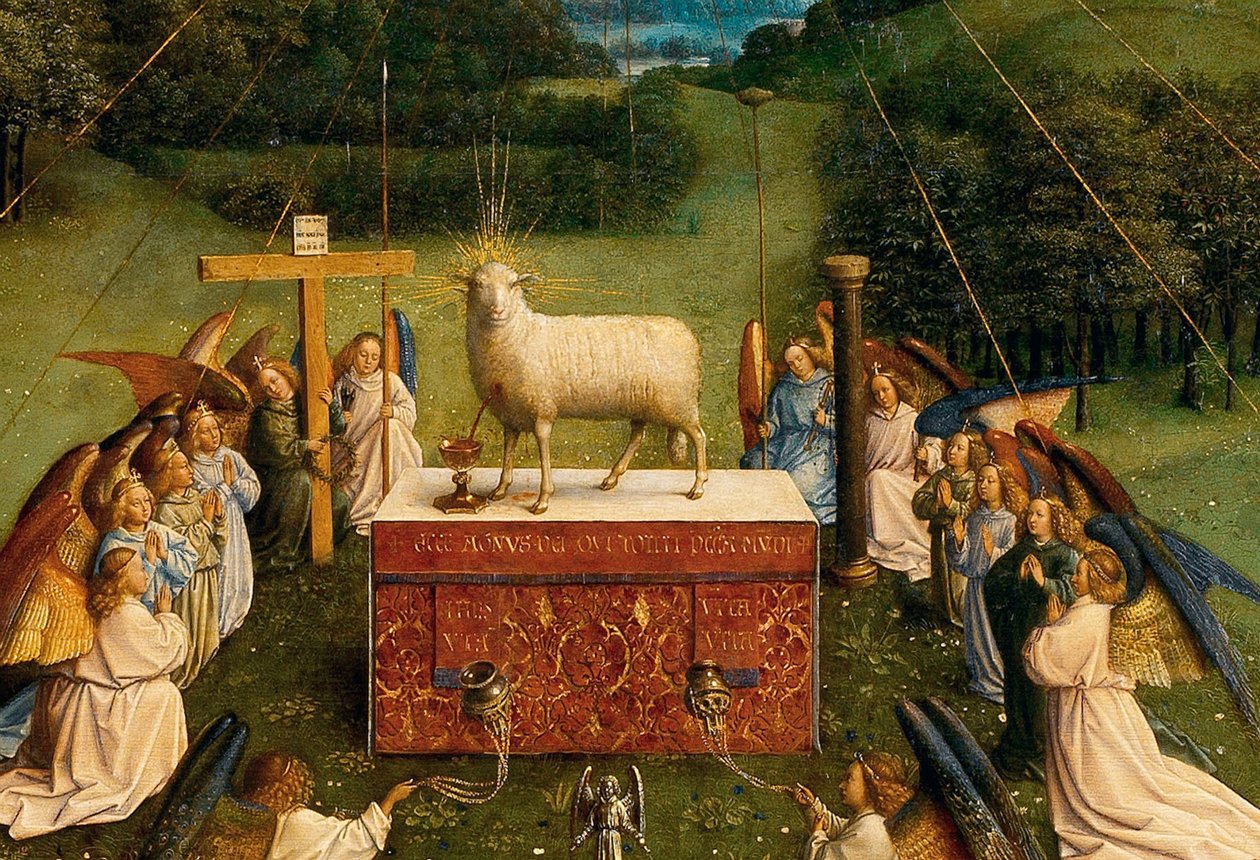 Tilbedelsen av det mystiske lam, fra Ghent-altertavlen, detalj av nedre halvdel av sentralpanelet av Hubert & Jan van (1390 1441) Eyck