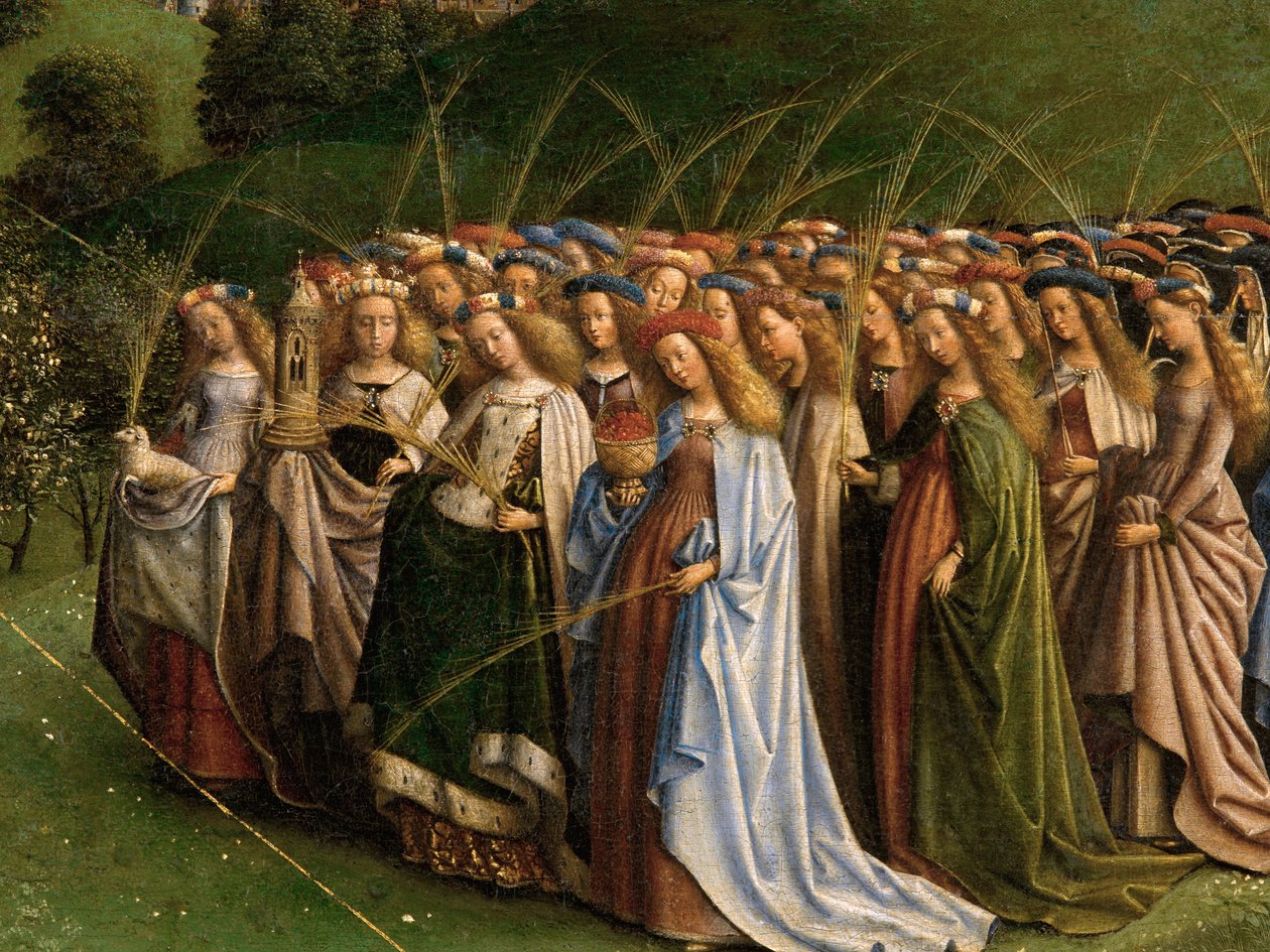 Tilbedelsen av det mystiske lam, fra Ghent-altertavlen, detalj på nedre halvdel av sentralpanelet av Hubert & Jan van (1390 1441) Eyck