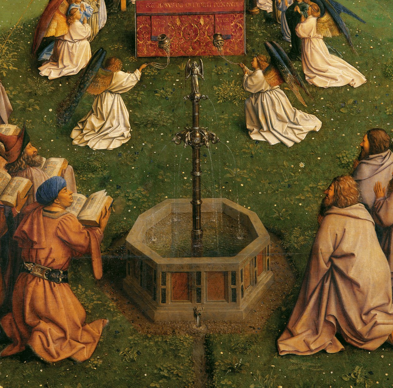 Tilbedelsen av det mystiske lam, fra Ghent-altertavlen, detalj av nedre halvdel av sentralpanelet av Hubert & Jan van (1390 1441) Eyck