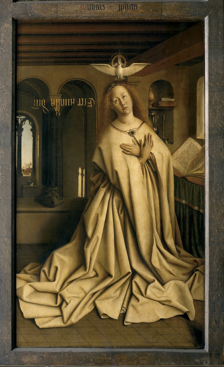 Engelen Gabriel gir budskapet til Maria, detalj fra Ghent-altertavlen, lukket (olje på panel) av Hubert & Jan van (1390 1441) Eyck