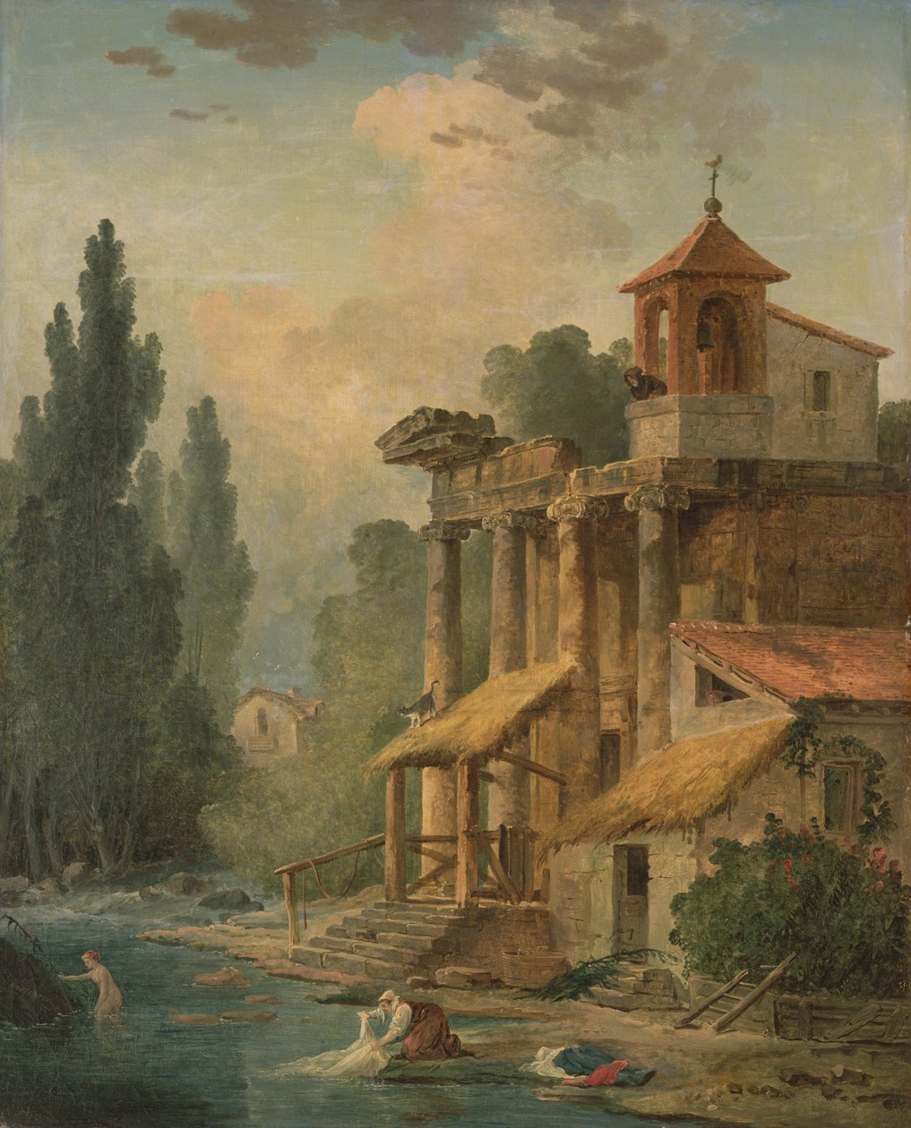 En Caprice med en Eremitage, 1796 av Hubert Robert