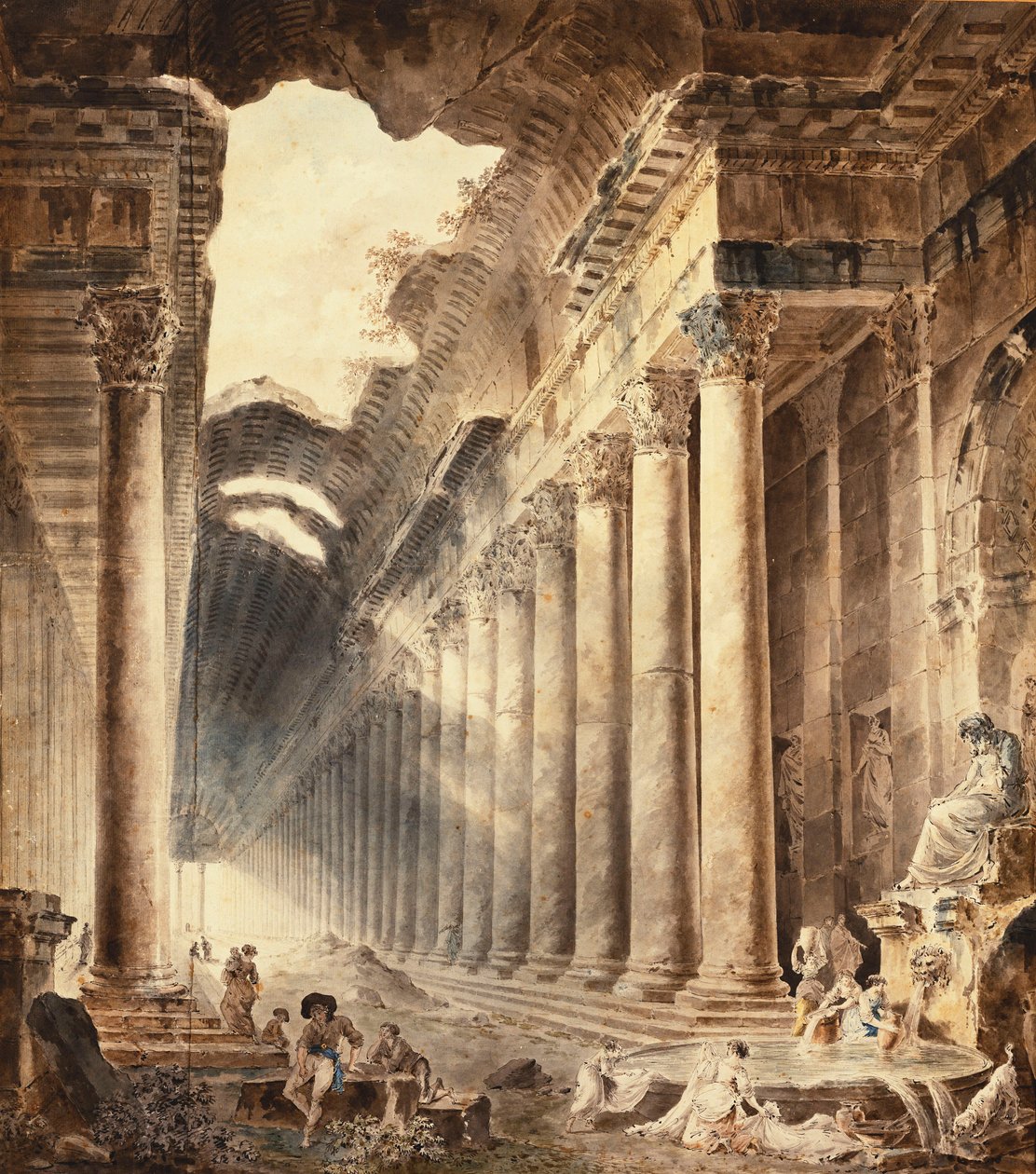 En termisk bygning med søyler, taket delvis åpent mot himmelen, med jenter som vasker klær ved en fontene under en statue, av Hubert Robert