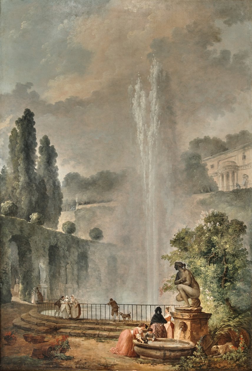 Hagelandskap med en villa med utsikt over en stor fontene av Hubert Robert