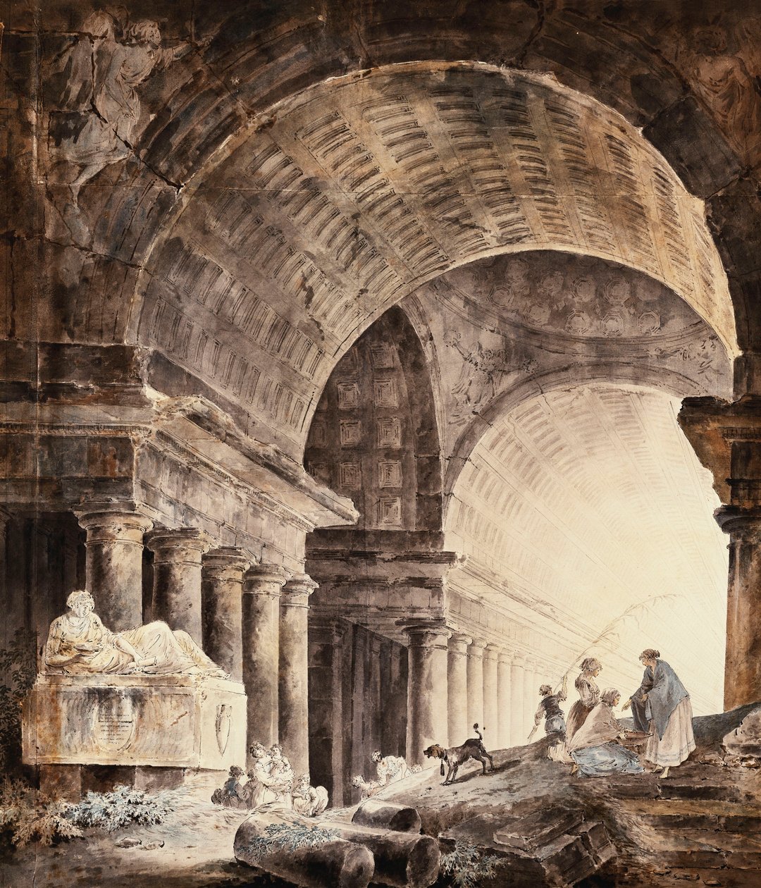 En stor korshvelvet bygning, med kvinner og barn og en hund etter ødelagte søyler, av Hubert Robert