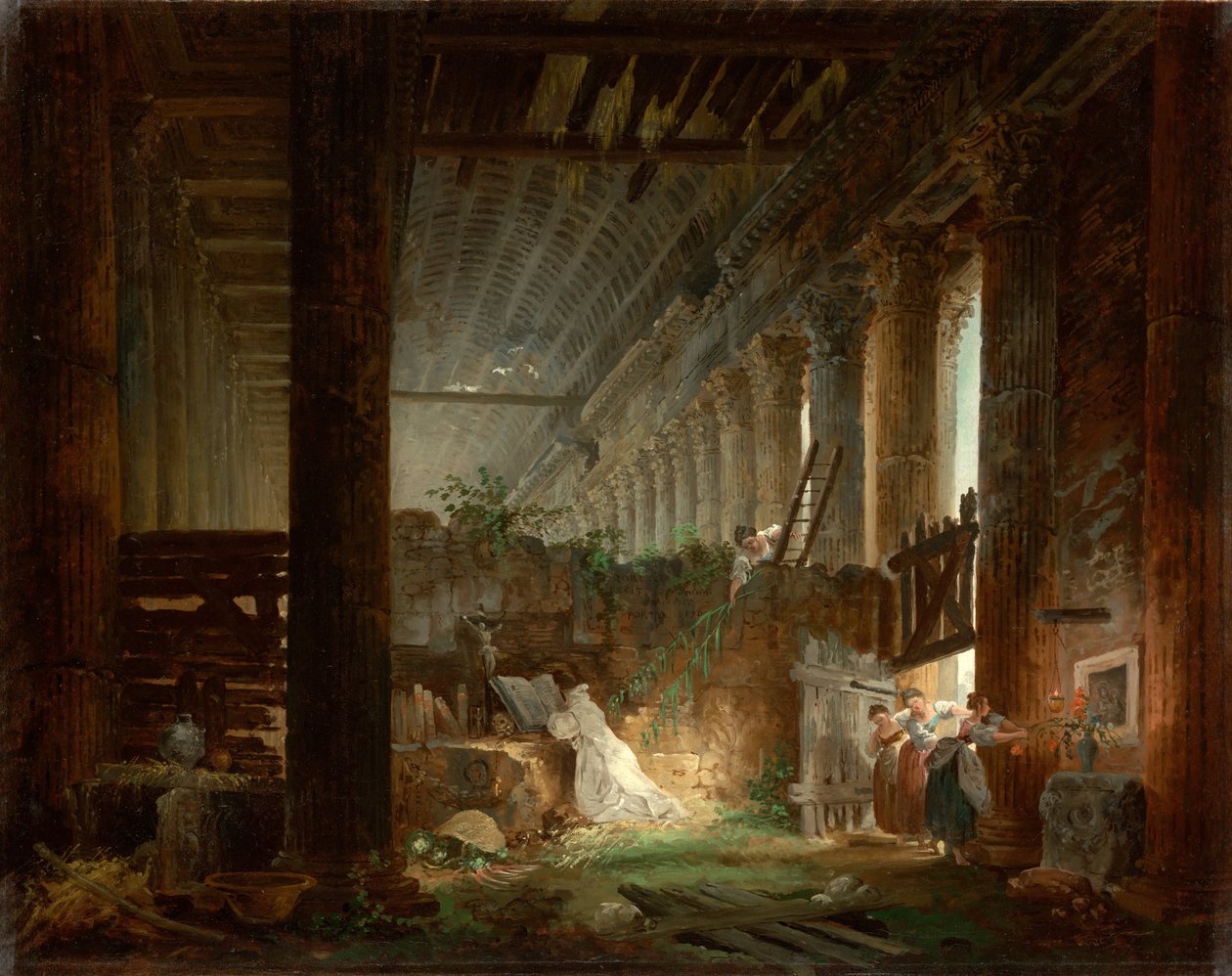 En eremitt ber i ruinene av et romersk tempel, ca 1760 av Hubert Robert