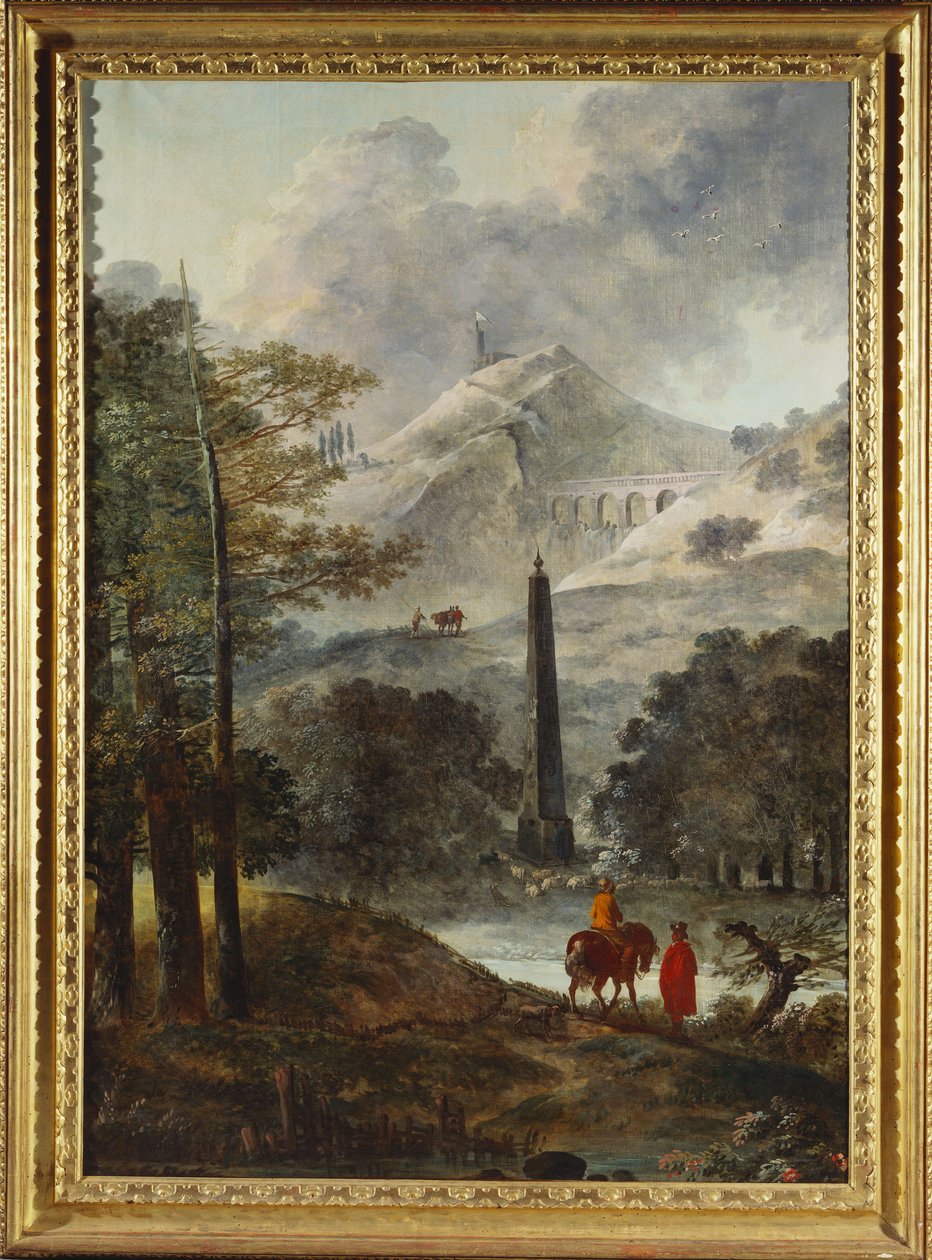 Et fjellaktig landskap med en obelisk av Hubert Robert