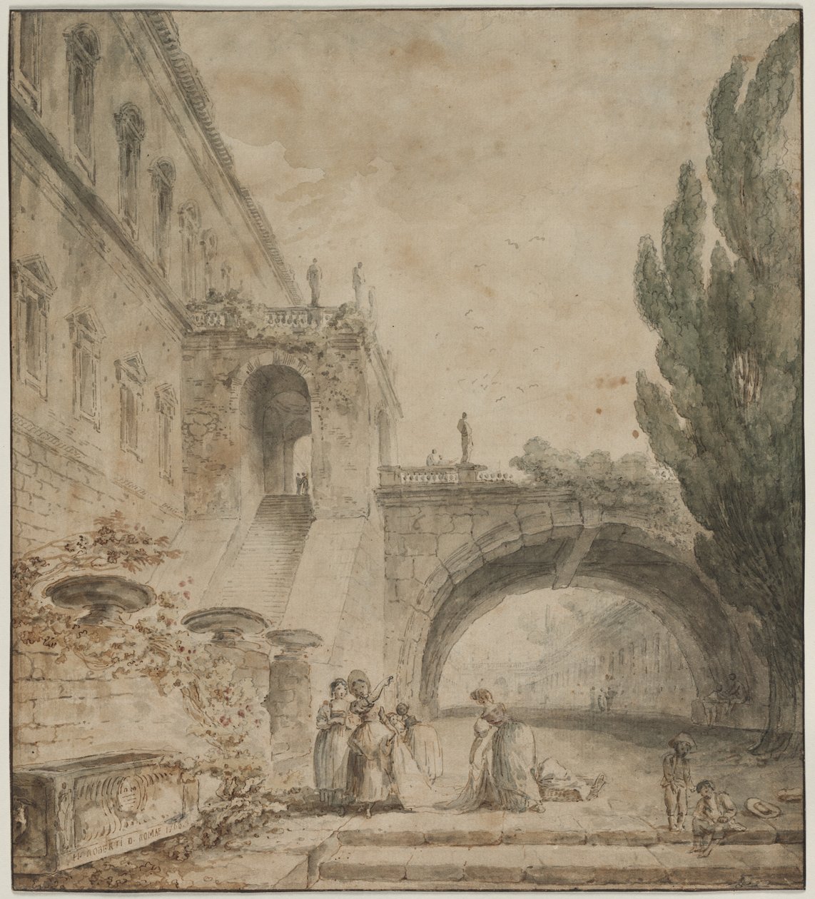 Et palass med en buet bro En romersk villa, 1760. av Hubert Robert